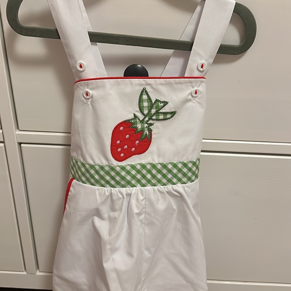 The Beaufort Bonnet Company White and Green Jumpsuit with Strawberry Embroidery